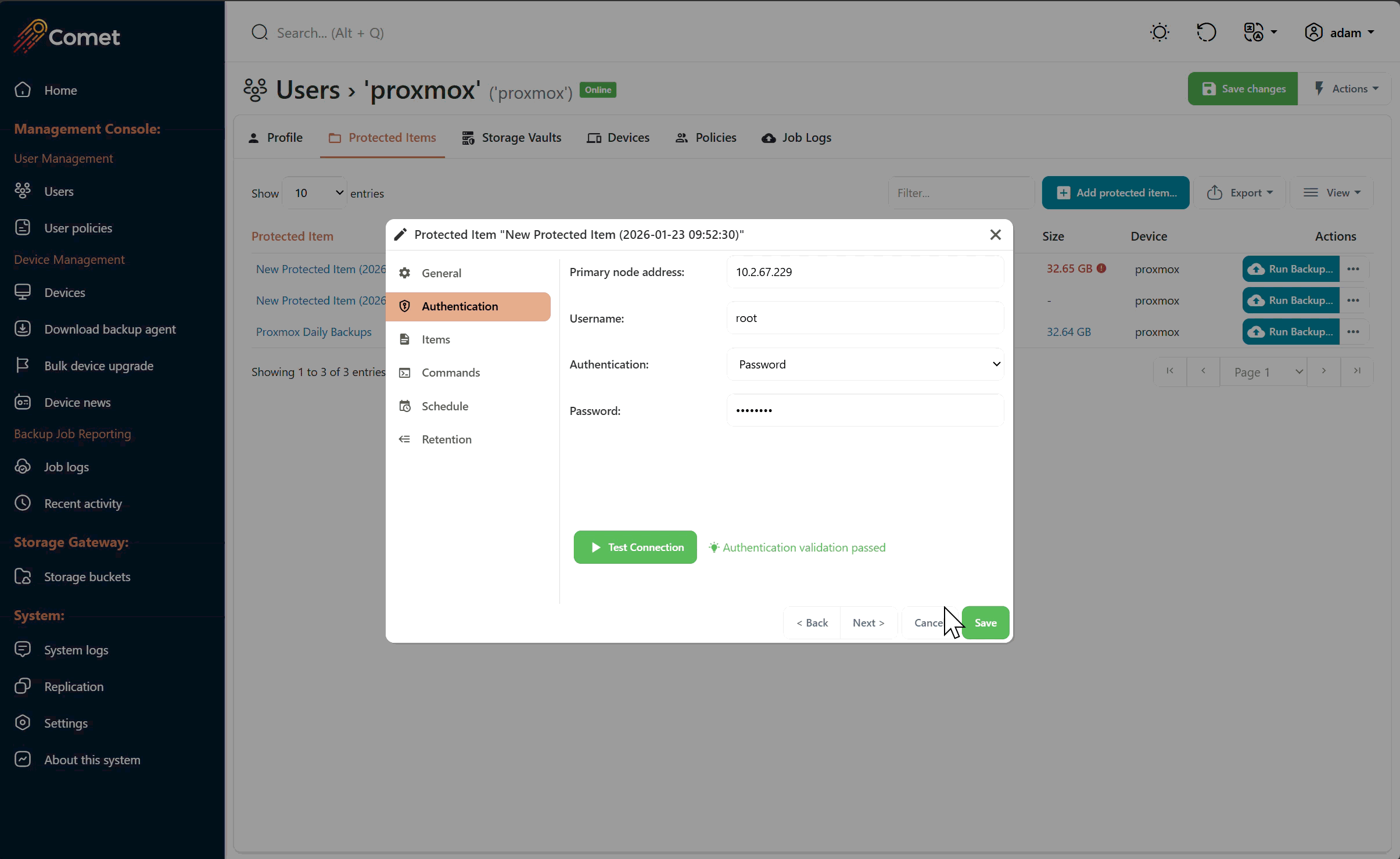 Comet Backup Proxmox VE Protected Item CBT gif